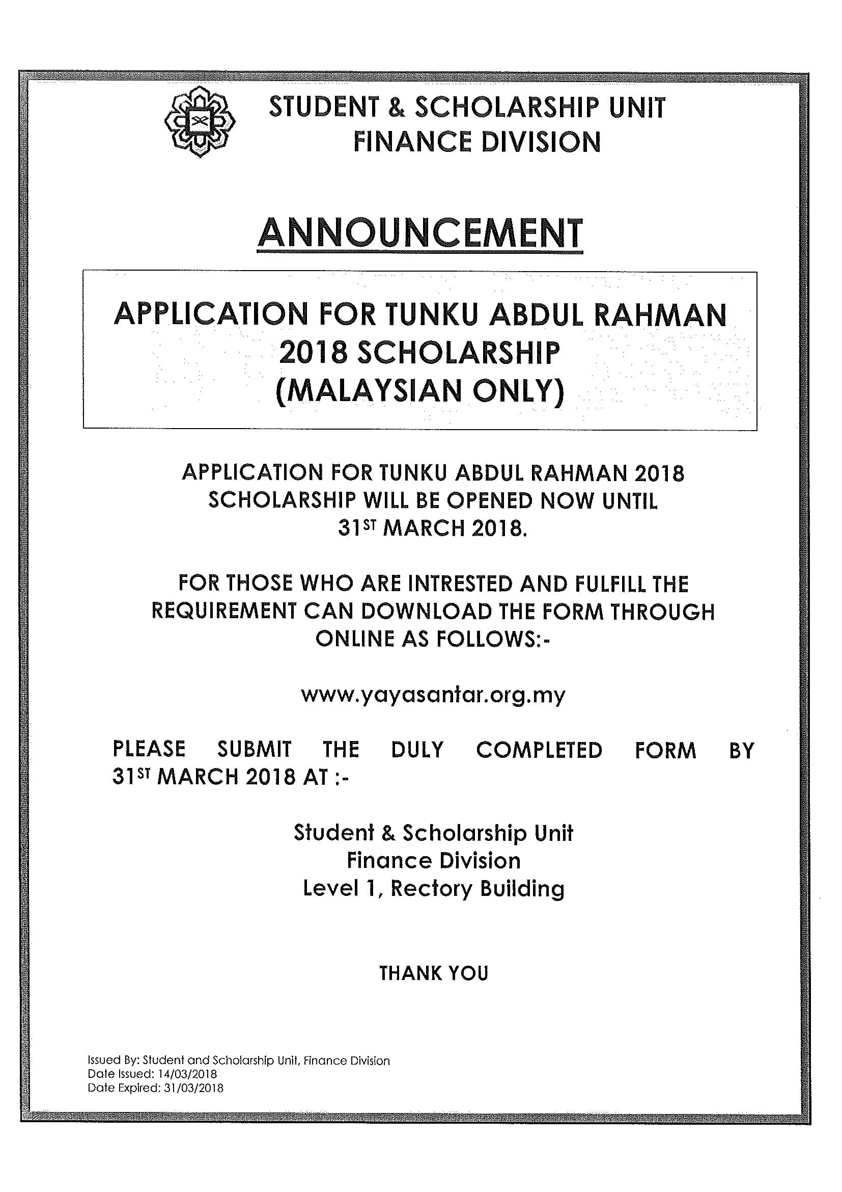APPLICATION FOR TUNKU ABDUL RAHMAN 2018 SCHOLARSHIP (MALAYSIAN ONLY)